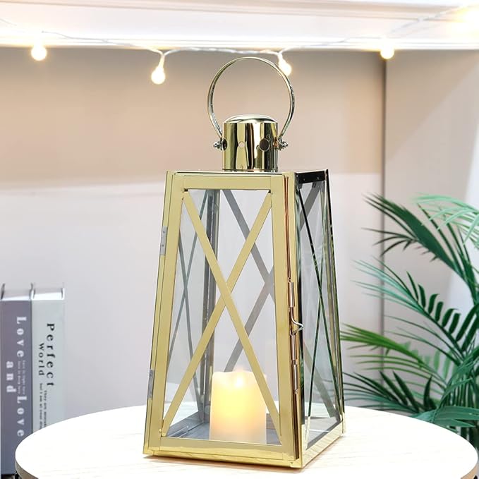 TRIROCKS Stainless Steel Decorative Lantern 12''H Metal Outdoor Candle Holder Hanging Candle Lantern with Tempered Glass for Christmas Home Wedding Living Room Parties Indoor Outdoor(Gold Trapezoid)