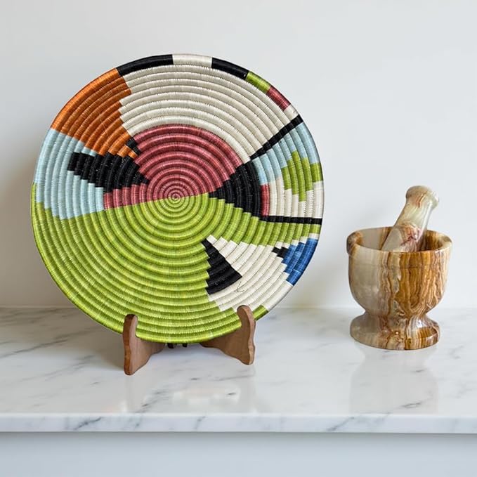 Handwoven African Basket Handmade sisal Fruit Bowl Wall Hanging decorative Baskets for Home Living Room Kitchen Centerpiece Zen Designs Arts and Crafts (Olive Green Red, 8in diameter)