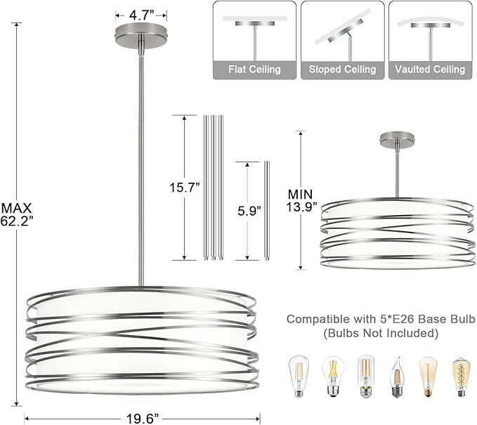 19.7" Drum Chandelier 5-Light Brushed Nickel Modern Pendant Light Adjustable Hanging Lighting Chandeliers for Dining Room Kitchen Island Foyer Living Room Bedrooms