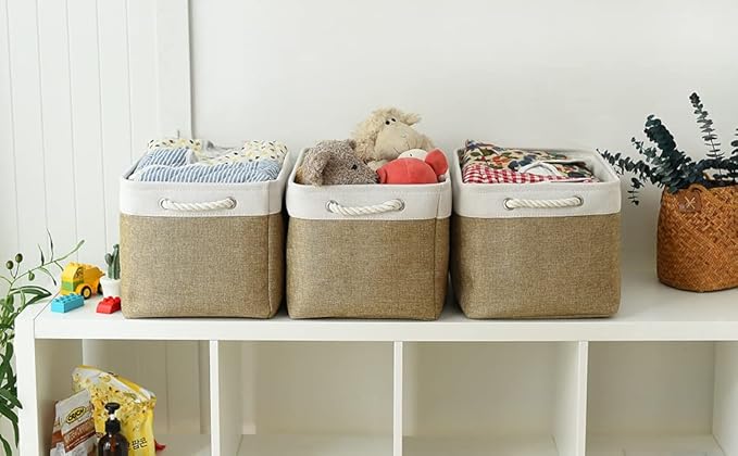 TheWarmHome Organization and Storage Basket for Gifts Empty - 16x12x12 inch Cube Storage bin 3 Pack Fabric Storage Cubes, Collapsible Baskets for Organizer Closet Cloth Gift Toy (White & Khaki)