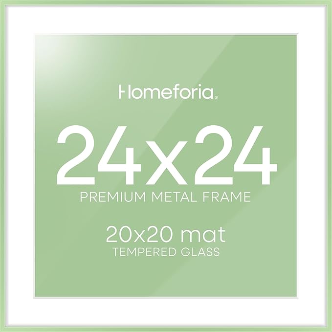 Homeforia 24x24 Picture Frame Sage Green, High End Metal 24 x 24 Large Square Poster Frames with Mat 20 by 20 inch Photo, 24by24 Thin Frames Matted to 20x20 for Art, Tempered Glass, Wall Kit, Set of 1
