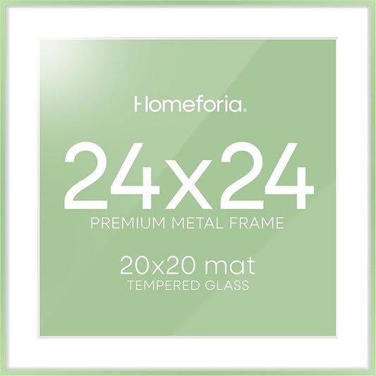 Homeforia 24x24 Picture Frame Sage Green, High End Metal 24 x 24 Large Square Poster Frames with Mat 20 by 20 inch Photo, 24by24 Thin Frames Matted to 20x20 for Art, Tempered Glass, Wall Kit, Set of 1