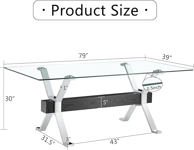 79" Glass Dining Table, Modern Kitchen Table, Modern Dining Table Set for 6, 0.5" Thick Tempered Glass Tabletop with Silver Chrome Metal Legs and Black Crossbar, Ideal for Dining Room, Kitchen