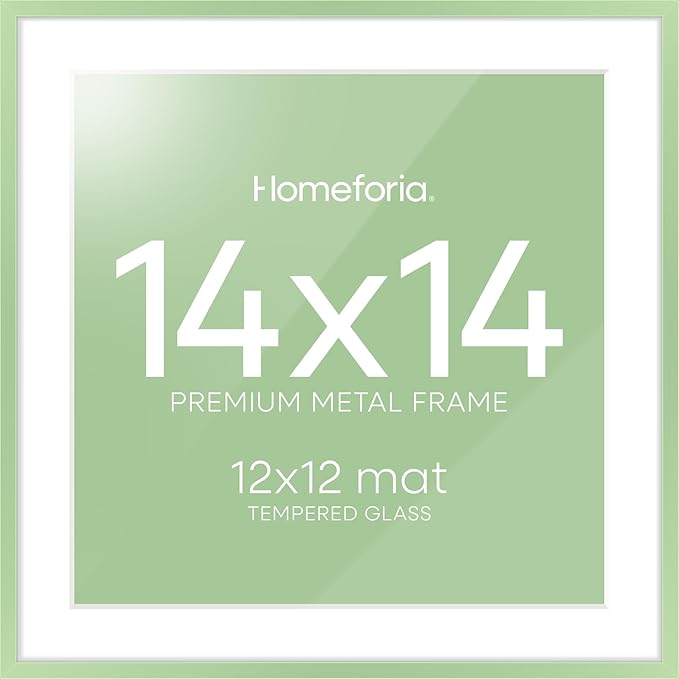 Homeforia 14x14 Picture Frame Sage Green, High End Metal 14 x 14 Square Poster Frames with Mat 12 x 12 Photo, 14x14 Frame Matted to 12x12 Art, 14by14 Hanging Frames, Tempered Glass, Wall Kit, Set of 1