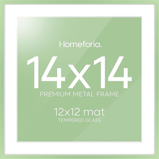Homeforia 14x14 Picture Frame Sage Green, High End Metal 14 x 14 Square Poster Frames with Mat 12 x 12 Photo, 14x14 Frame Matted to 12x12 Art, 14by14 Hanging Frames, Tempered Glass, Wall Kit, Set of 1