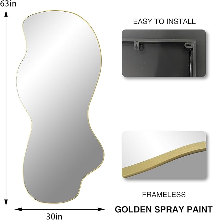 POZINO Irregular Mirror Full Length, Large Asymmetrical Wall Mirror, 63"x30" Gold Wavy Shaped Mirrors, Modern Frameless Decorative Mirrors for Dressing Living Room Bathroom Bedroom Hallway Entryway