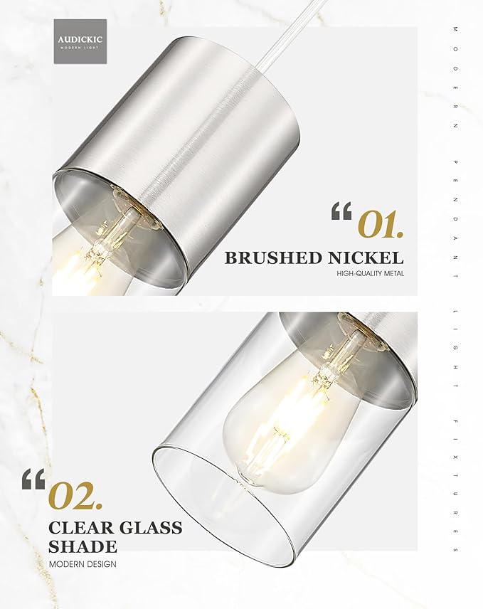 Pendant Lights Kitchen Island, Brushed Nickel Hanging Lights Fixtures with Cylinder Clear Glass, Modern Kitchen Pendant Lighting Over Island for Dining Room, AD-24023-1P-SN