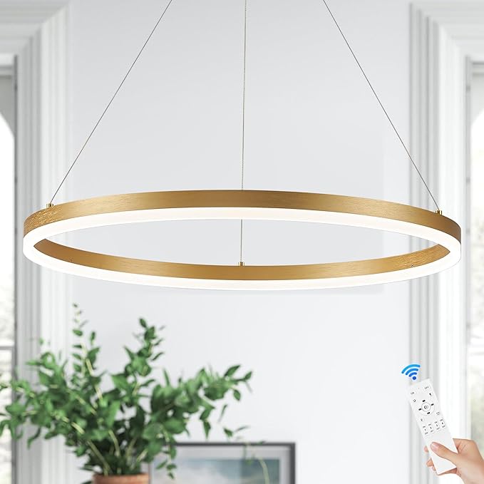 Modern LED Pendant Lighting 24'' Ring Chandelier Gold Dimmable LED Chandelier for Dining Room 36W Adjustable Pendant Light Fixture for Living Room Bedroom Home Office Foyer, 3000-6500K