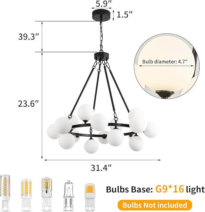 Modern Bubble Chandelier,Mid Century Milk Glass Pendant Light 31.5",Round Sputnik Chandeliers with Glass Globes,Globe Chandeliers for Dining Room,Kitchen Island,Living Room,Bedroom,16 Lights