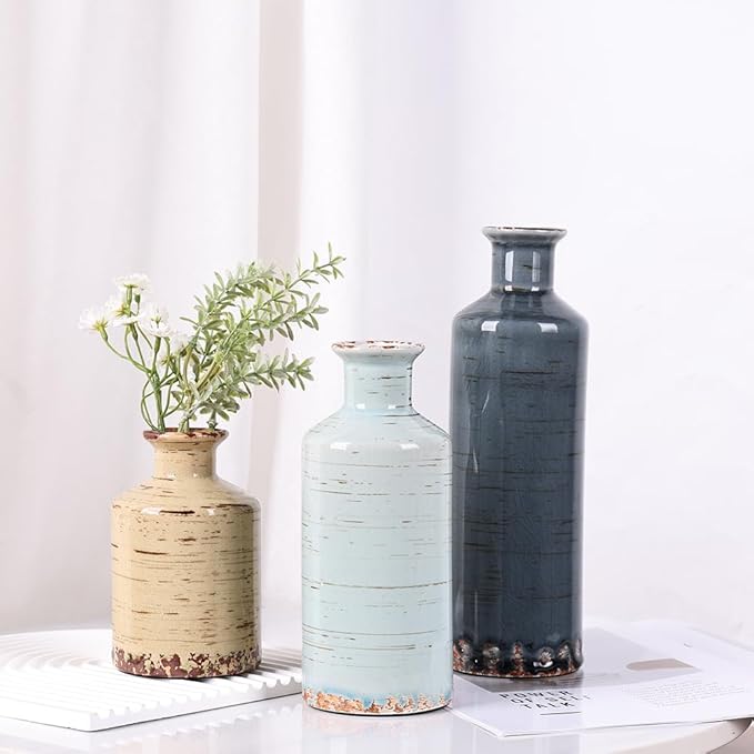 Blue and Beige Ceramic Vase Set of 3 – Rustic Distressed Glaze Pottery Vases, Small Vintage Flower Vases for Home Decor, Farmhouse, Modern Rustic, Shelf, Mantle, Table Centerpiece Decorations