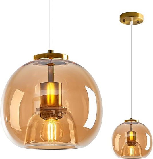 Amber Glass Pendant Lights Kitchen Island Gold Hanging Light Fixture Glass Globe Pendant Light Modern Pendant Lighting for Kitchen Island Bedroom Dining Room (7.87", 1 Pack)