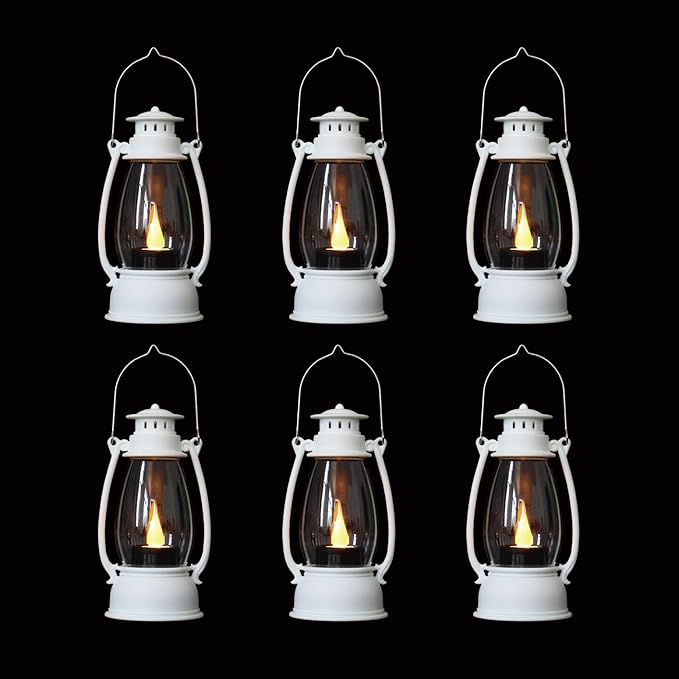 White Mini Lanterns Decorative 6-Pcs for Winter Christmas Wedding & Halloween, Small Elegant Lantern with LED Light for Western Cowboy, Camping Baby Shower Birthday Party, Centerpiece Table