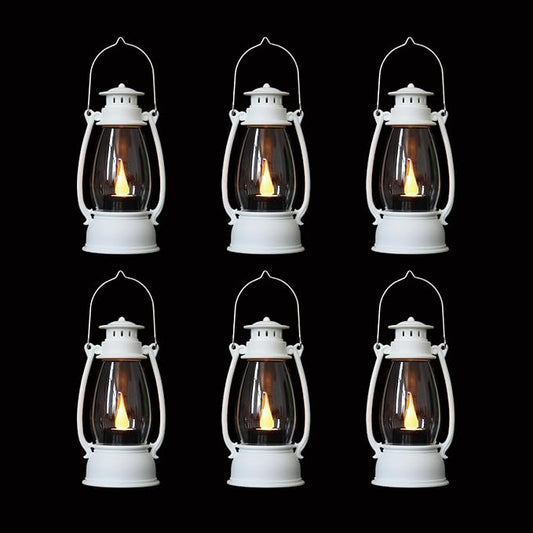 White Mini Lanterns Decorative 6-Pcs for Winter Christmas Wedding & Halloween, Small Elegant Lantern with LED Light for Western Cowboy, Camping Baby Shower Birthday Party, Centerpiece Table