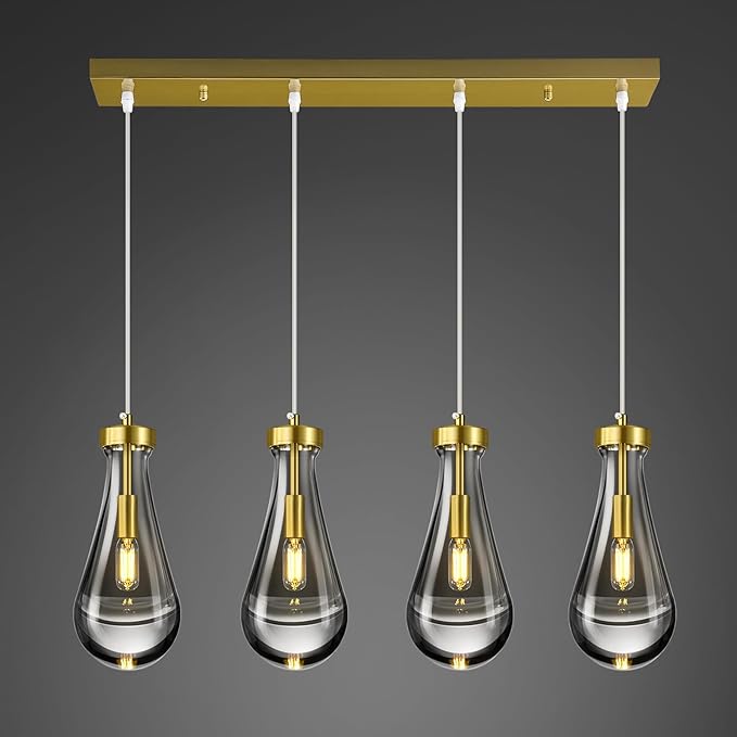 Raindrop Pendant Lights Kitchen Island Teardrop Gold Hanging Light Fixtures Clear Solid Glass Pendant Light Modern Chandeliers for Dining Room Porch Corridor Living Room(Long Plate-4 Lights)