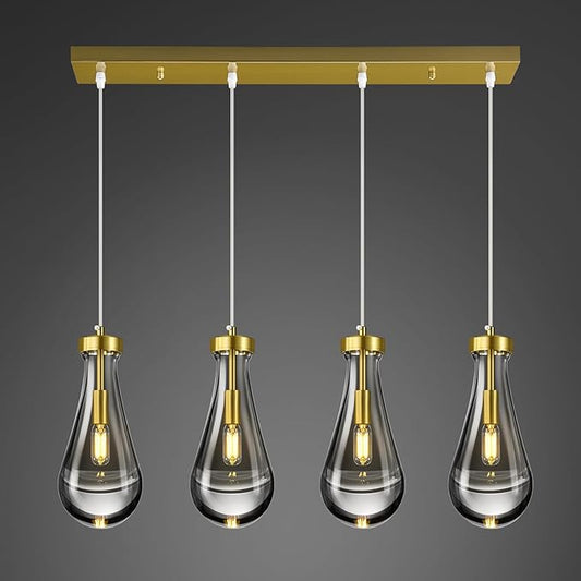 Raindrop Pendant Lights Kitchen Island Teardrop Gold Hanging Light Fixtures Clear Solid Glass Pendant Light Modern Chandeliers for Dining Room Porch Corridor Living Room(Long Plate-4 Lights)