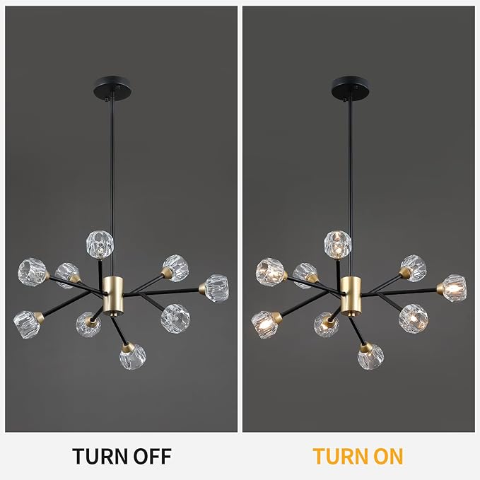 AMZASA Glass Crystal Chandelier for Dining Room, Modern Black and Gold Glass Pendant Lighting, 9 Lights Mid Century Ceiling Light Fixtures for Kitchen Island Living Room Bedroom Bar