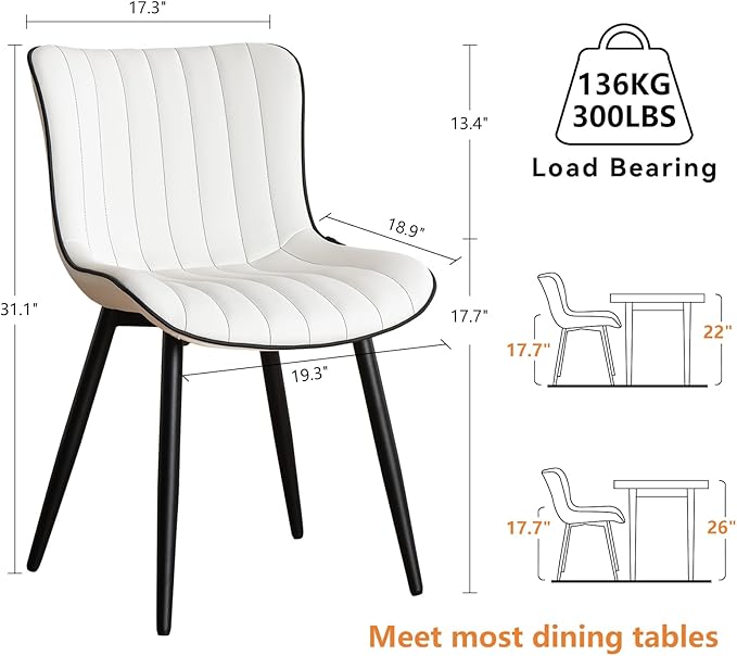 YOUNUOKE Mid-Century Modern Dining Chairs Set of 2, White PU Leather Upholstered Kitchen Chairs with Black Metal Legs, Armless Accent Chair for Dining Room, Guest Reception Room