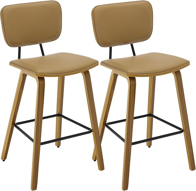 Counter Height Bar Stools Set of 2, PU Leather Upholstered Barstools with Backs, Bent Wood Legs, 26 Inch Seat Height, Mid Century Modern Counter Stools for Kitchen Island, Brown
