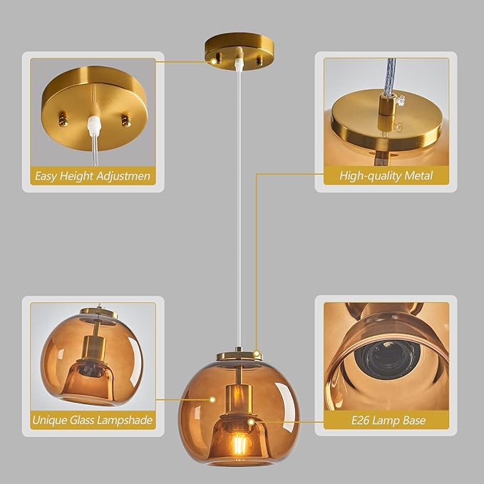 Brown Glass Pendant Lights Kitchen Island Gold Hanging Light Fixture Glass Globe Pendant Light Modern Pendant Lighting for Kitchen Island Bedroom Dining Room (7.87", 2 Pack)