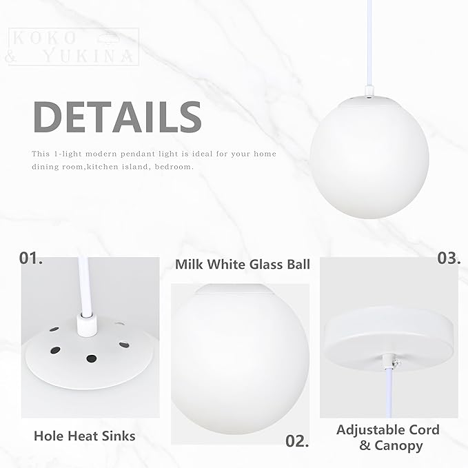 KoKo&Yukina 6 Inch Globe Pendant Light White Globe Pendant Lights Kitchen Island Mid Century Light Fixture with Milky White Glass Shade for Dining Room Living Room