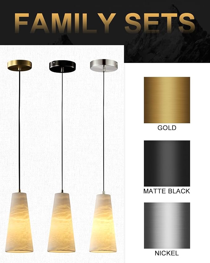 Natural Alabaster Pendant Lights Kitchen Island, H-10in White Pendant Light Fixtures, Light Pendan Marble Conical Shade Copper, for Bedroom Bathroom Dining Room Living Room (Dimmable Bulbs INCL)