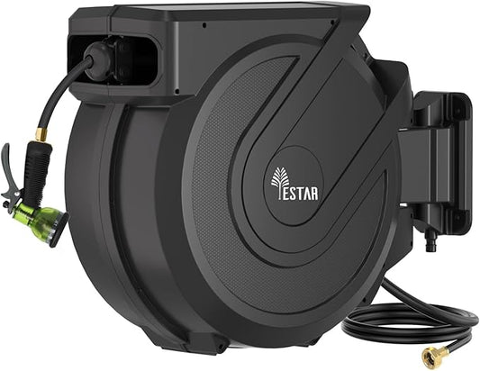 Retractable Garden Hose Reel 1/2" x130 ft, Automatic Hose Reel with 7 Pattern Nozzle, Any Length Lock Wall Mounted &180 Deg Swivel