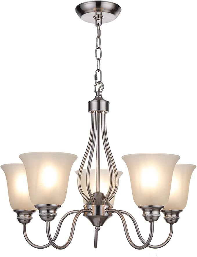 5 Light Chandelier with Brushed Nickel Finish, Classic Style Ceiling Light Fixture with Frosted Glass Shade for Meeting Room Dining Room Living Room Corridor, LED Bulb(not Include)