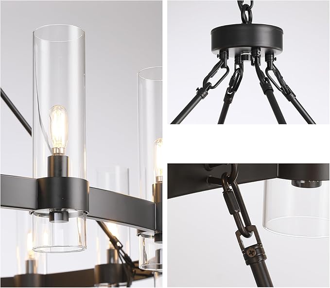 48" Black Chandelier, 2 Tier Wagon Wheel Chandelier with Glass Shade, 24-Lights Large Round Modern Farmhouse High Ceilings Pendant Lighting Fixture for Dining Room, Living Room, Kitchen, Foyer