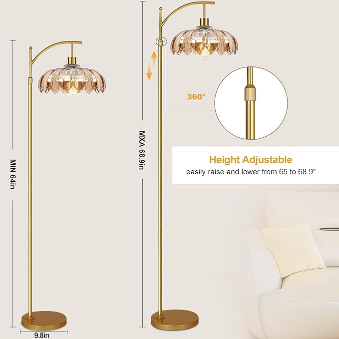 Gold Floor Lamp for Living Room,Bedroom,Mid Century Modern Standing Lamp with Remote,Dimmable Brass Tall Lamp Amber Glass Vintage Retro Arc Floor Lamps Flower Floor Light Boho Bohemian