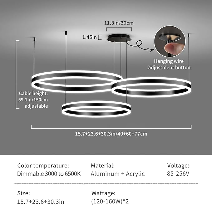 Modern Pendant Light Fixture, 3-Ring Circular Black Dining Room Chandelier, Dimmable 3000K-6500K, LED Hanging Ceiling Light Over Table for Kitchen Island, Living Room, Foyer, Office