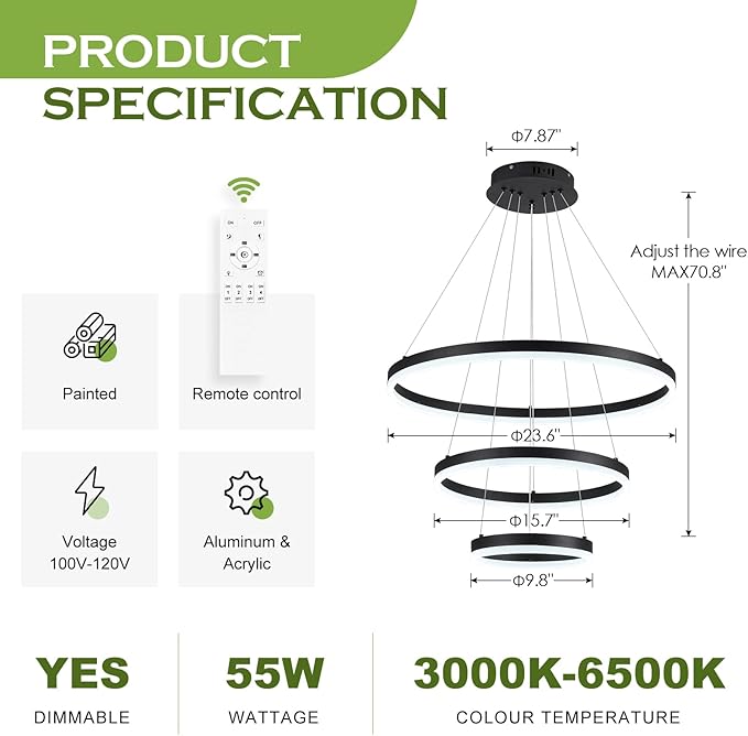 3-Rings D23.6 Modern LED Chandelier Black Dimmable Pendant Lighting with Remote Control Circular Flush Mount High Ceiling Light for Dining Room Living Room Bedroom Entrance Foyer, 3000K-6500K
