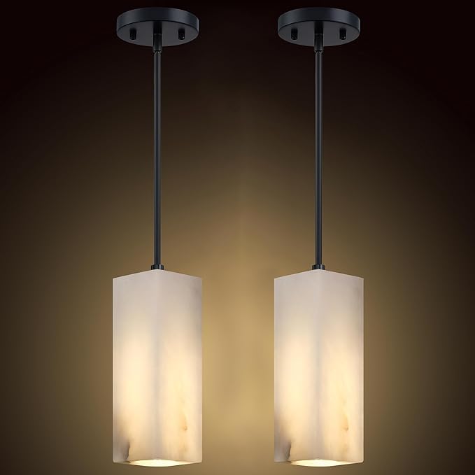 1 Light Modern Industrial Farmhouse Hanging Kitchen Island Pendant Ceiling Light Fixture,Square Cylinder Natural Alabaster Marble Black Finish Over Sink Restaurant bar Corridor