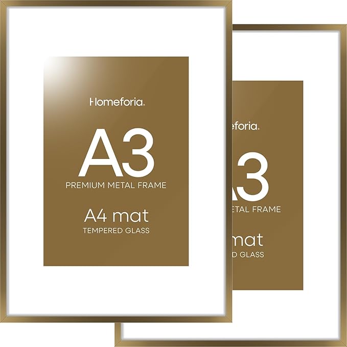 Homeforia A3 Picture Frame Bronze, High End Metal 11.7 x 16.5 inch Brass Poster Frames with Mat 8.3 by 11.7 Print, A3 Size Frames Matted to A4 Photo, 11.7by16.5 Hanging Frame, Tempered Glass, Set of 2