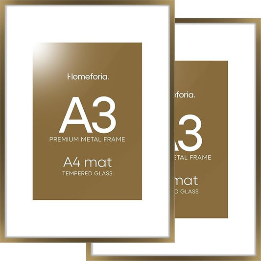 Homeforia A3 Picture Frame Bronze, High End Metal 11.7 x 16.5 inch Brass Poster Frames with Mat 8.3 by 11.7 Print, A3 Size Frames Matted to A4 Photo, 11.7by16.5 Hanging Frame, Tempered Glass, Set of 2