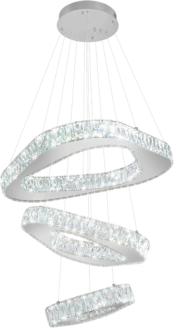 Modern Led Chandelier Adjustable 3 Rings Crystal Chandelier for Living Room Foyer Stairwell Lighting High Ceiling Light Dimmable 2700K-6000K