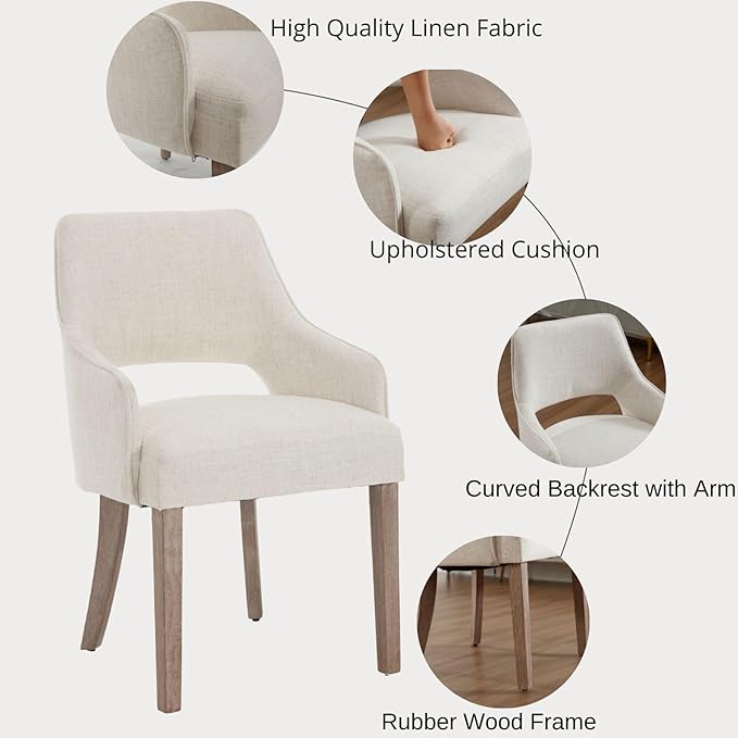 Farmhouse Dining Chairs Set of 2 Linen Kitchen Chairs with Arm Upholstered Accent Side Chair w/Wood Legs for Living Room/Dining Room/Bedroom/Restaurant, Upgraded Size, Cream