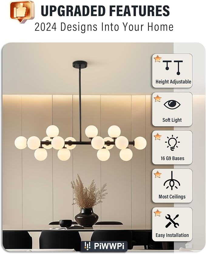 Glass Globe Sputnik Chandelier, 16-Light Mid Century Modern Light Fixture Over Table, Linear Chandeliers for Dining Room, Kitchen Island, Black and Milk White Bubble, 40 Inch, GC-02