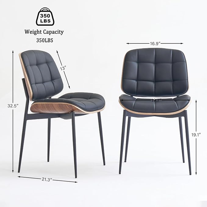Mid Century Modern Dining Chairs with Walnut Grain Back, Black Faux Leather Dining Room Chairs Set of 4, Checkered Soft Cushion Kitchen Chairs with Adjustable Foot Pads