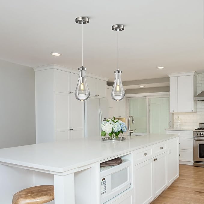 Raindrop Pendant Lights Kitchen Island Teardrop Nickel Hanging Light Fixtures Clear Solid Glass Pendant Light Modern Chandeliers for Dining Room Porch Corridor Living Room(3-Pack)