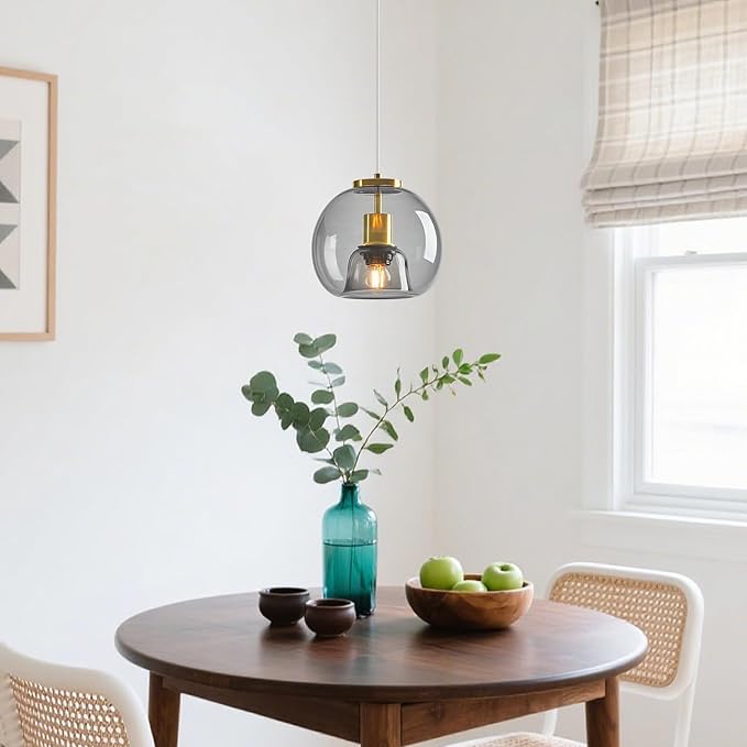 Light Grey Glass Pendant Lights Kitchen Island Gold Hanging Light Fixture Glass Globe Pendant Light Modern Pendant Lighting for Kitchen Island Bedroom Dining Room (7.87", 1 Pack)