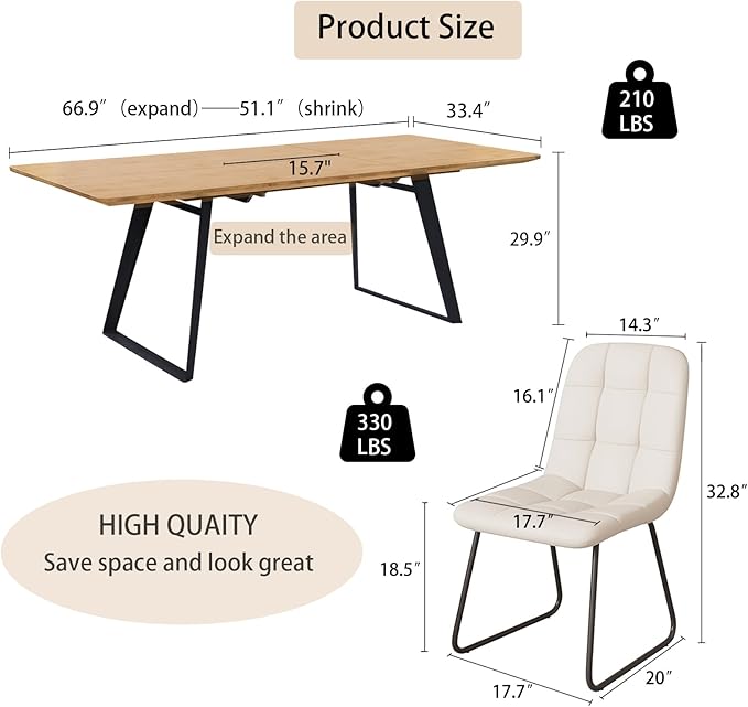 ZckyCine Modern Dining Table and Chair Set for 4 – Rectangular Expandable Wooden Table, Space-Saving Multifunctional Design for Small Spaces
