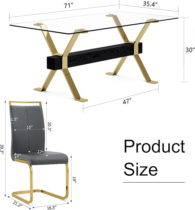 7 Piece Glass Dining Table Set, Kitchen Table Chairs Set for 6, 71'' Dining Table with 0.4" Tempered Glass Tabletop with Plated Metal Legs and MDF Crossbar, 6 PU Chairs for Dining Room, Kitchen.