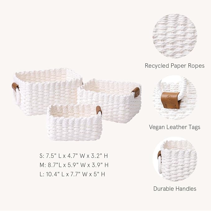 LA JOLIE MUSE Woven Storage Baskets for Organizing, Recycled Paper Rope Basket Bin Divider for Makeup Towel Shelf Cupboards Drawer Closet Dresser, Decorative White Storage Basket Set of 3