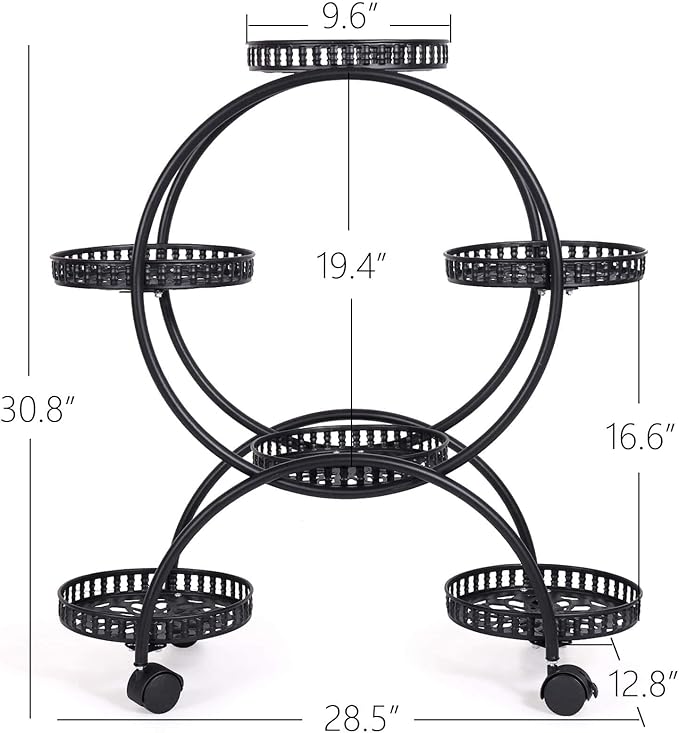 unho Metal Plant Stand 6-Potted: Flower Pot Holder with Wheels 4 Tier Display Shelf Rack for Patio Balcony Yard Garden Home Decor, Black