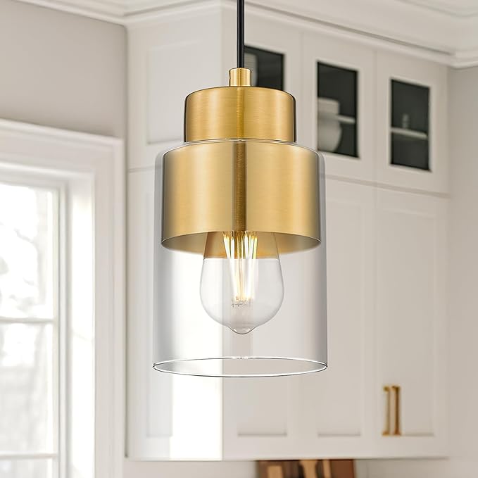 2-Pack Pendant Lights Kitchen Island, Brushed Gold Dual Shade Hanging Lights Fixtures with Metal and Clear Glass, Brass Kitchen Pendant Lighting Over Island for Dining Room, AD-24022-1P2-GD