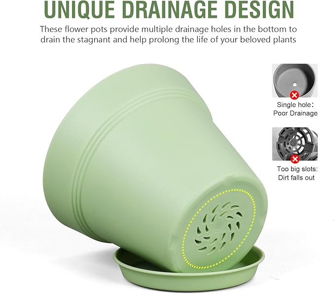 4 inch Small Plastic Nursery Pots, 16 Pack Plant Pots for Indoor Outdoor Plants, Flower Pots with Drainage Holes and Saucers, Decorative Seedling Starter Planters for House Plants, Green