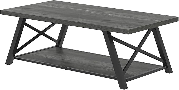 EXCEFUR Coffee Table, Industrial Wood and Metal Center Table for Living Room, Rectangle Cocktail Tea Table with Storage Shelf, Rustic Grey, 47 Inch