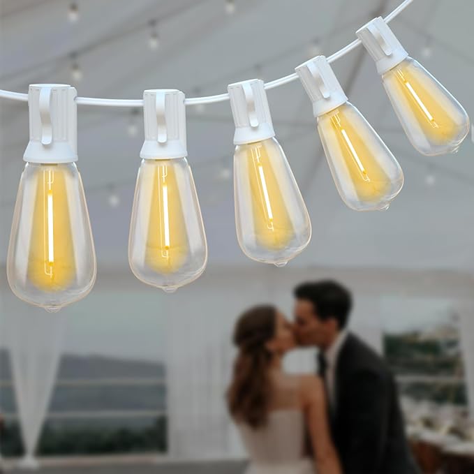 Achin Outdoor String Lights White 100Ft LED Patio Lights Outdoor Waterproof with 50+2 Shatterproof ST38 Bulbs 2200K Dimmable String Lights for Outside Backyard Party Wedding, White Cord