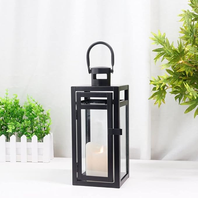 TRIROCKS Metal Candle Lantern 12'' High Decorative Outdoor Lantern Hanging Lantern with Tempered Glass for Christmas Home Decor Living Room Parties Events Tabletop Indoors Outdoors (Black Matte)