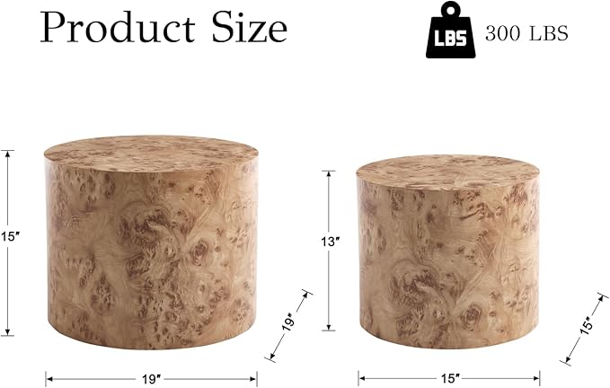 EALSON Nesting Coffee Tables Set of 2 Farmhouse Small Round End Tables Modern Wood Circle Side Table Drum Table for Living Room Small Spaces Bedroom Balcony, No Assembly, Natural Burl